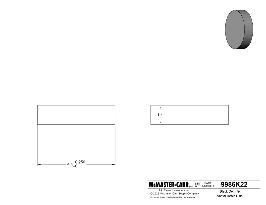 Technical Drawing of Black Delrin® Acetal Resin Disc, Wear-Resistant, Easy-to-Machine, 1" Long, 4" Diameter.